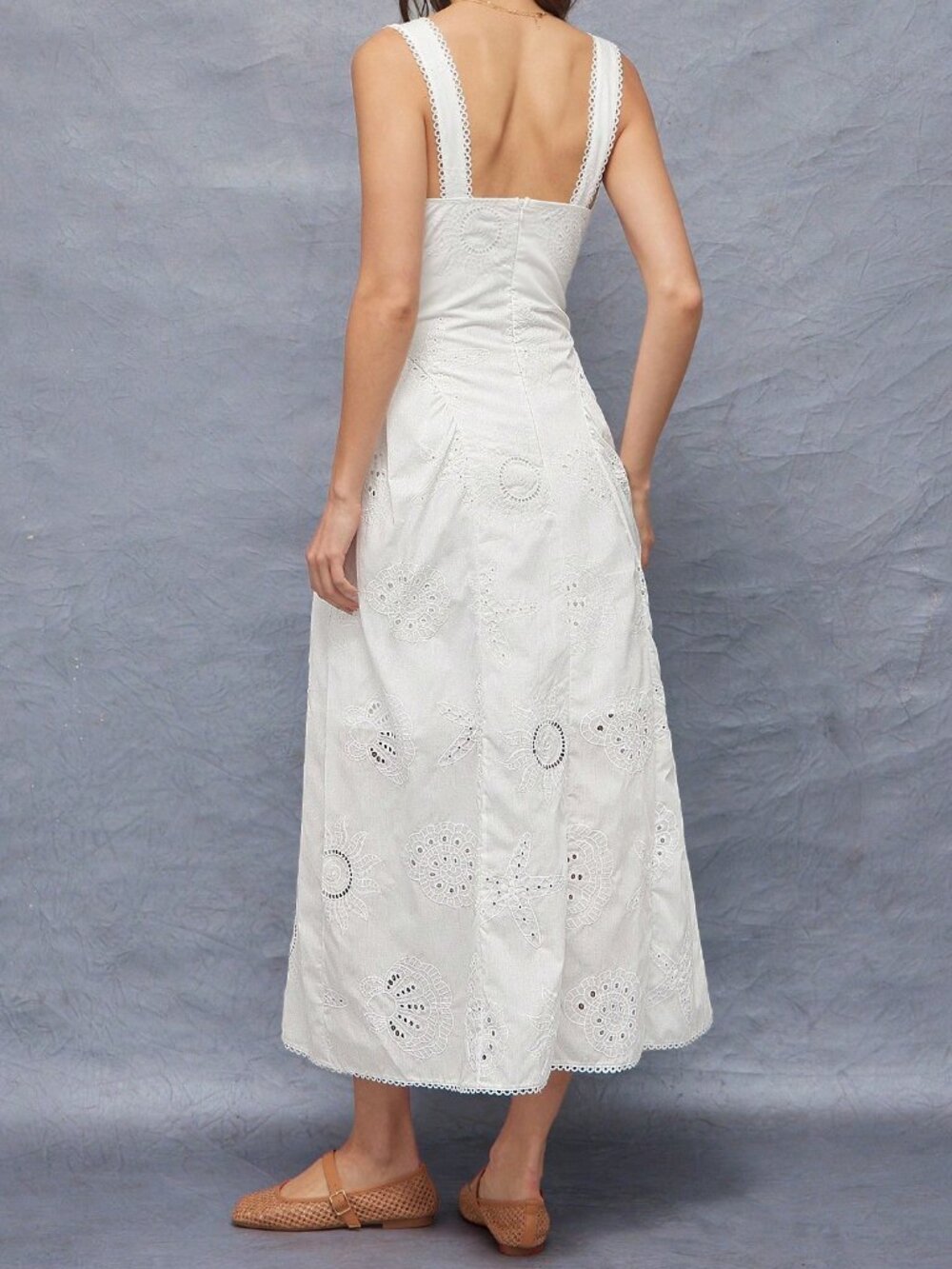 White Elegant Women's Embroidered Ruffle Sides Fit & Flare Sleeveless Midi Dress - Picture 3 of 5